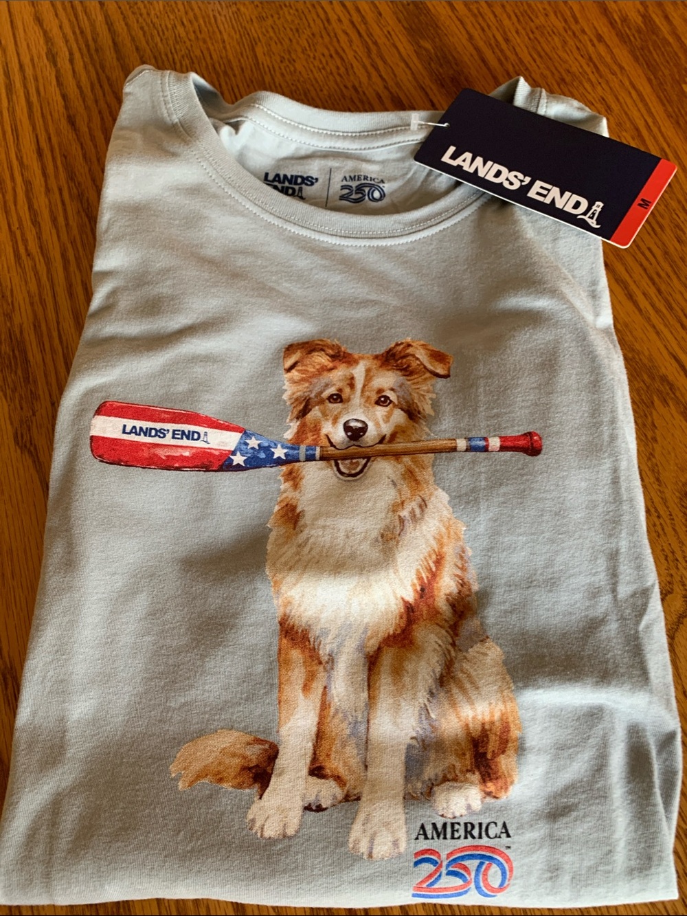 Lands' End Light Gray Tee with Dog Holding Patriotic Oar